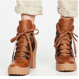 See By Chloe Aure Mixed Leather Hiking Block Heel Brown Tan Lace Up Booties 37
